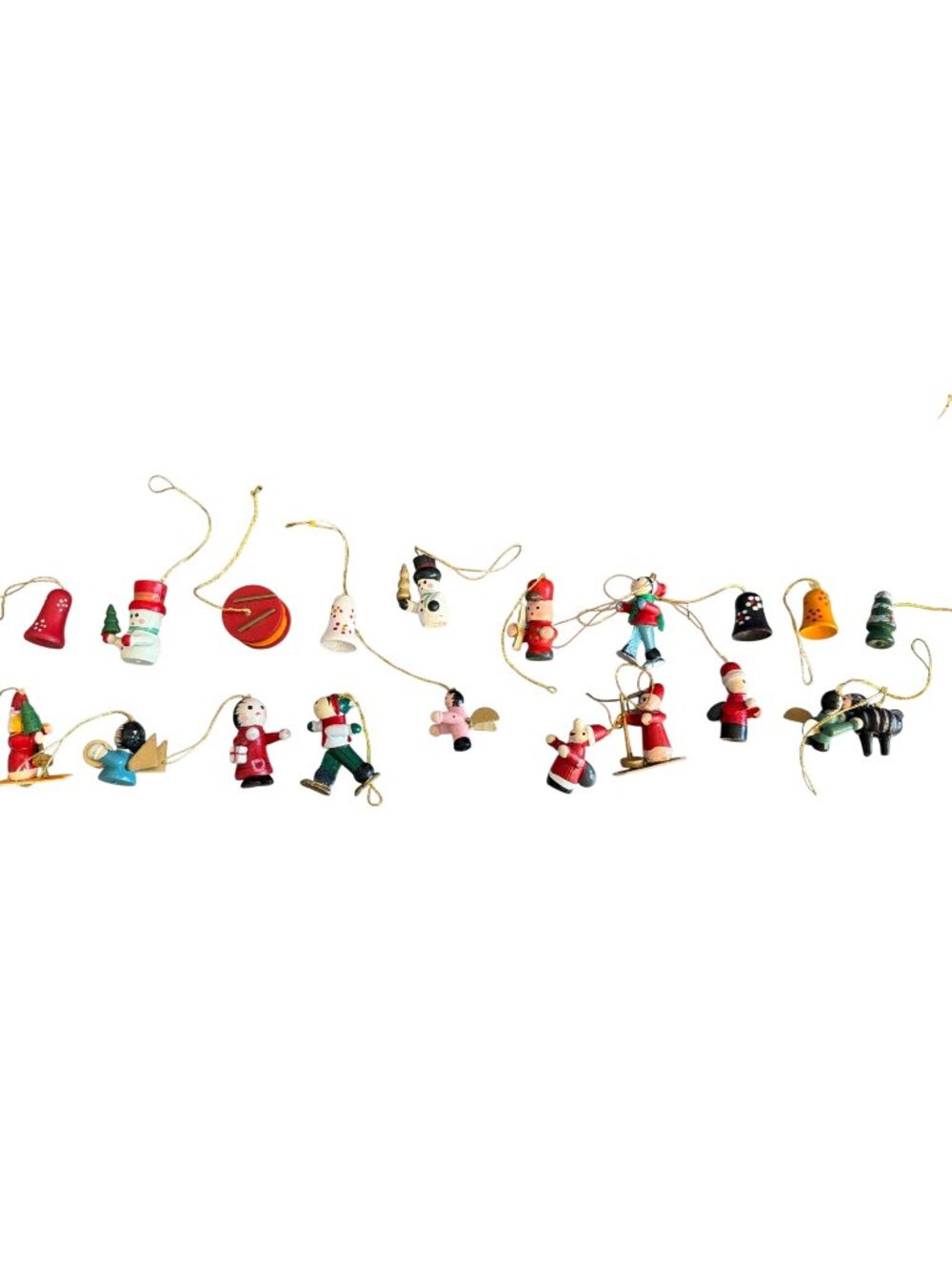 Set 20 Vintage Mini Wood Christmas Ornaments Strings Bells All Different 1-2"